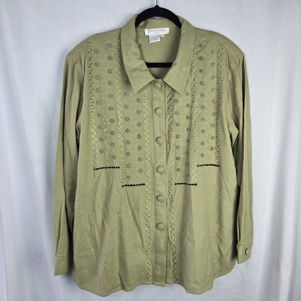 Vintage 80s Great Cavalier Silk Embroidered Shirt Jacket Large Sage Green Granny